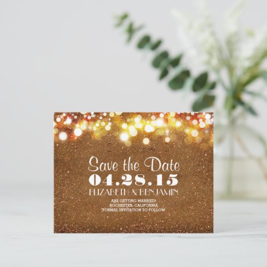 Gouden glitter string van lichten Save the date Aankondigingskaart (Staand voorkant)