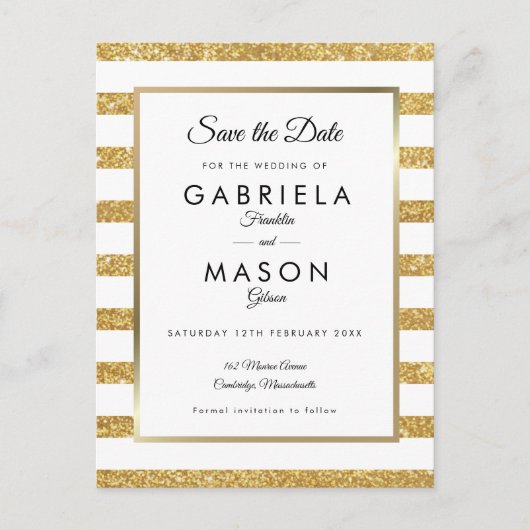Gouden Glitter Stripe Save the Date Aankondigingskaart (Voorkant)