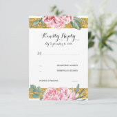 Gouden Glitter Stripes Roze Bloemen Huwelijk RSVP (Staand voorkant)