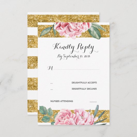 Gouden Glitter Stripes Roze Bloemen Huwelijk RSVP (Voorkant / Achterkant)