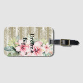 Gouden Glitter Stripes Roze Hibiscus Bloemen Bagagelabel (Voorkant (horizontaal))