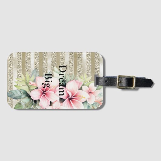 Gouden Glitter Stripes Roze Hibiscus Bloemen Bagagelabel (Voorkant (horizontaal))