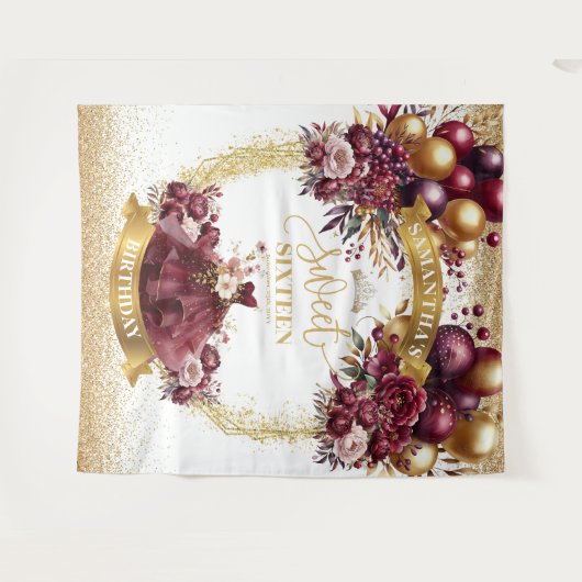 Gouden Glitter Sweet 16 Achtergrond Bourgondische  Wandkleed (Voorkant (horizontaal))