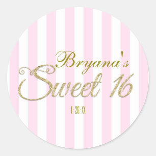 Gouden glitter SWEET 16 roze feestfavorietstickers Ronde Sticker