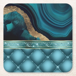 Gouden Glitter Teal Agate Marmer Diamanten Kartonnen Onderzetters