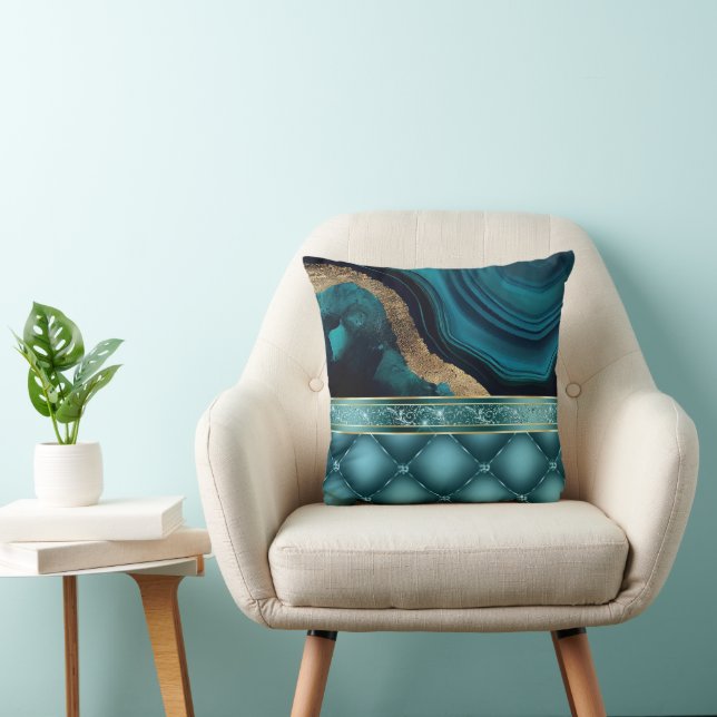 Gouden Glitter Teal Agate Marmer Diamanten  Kussen (Stoel)