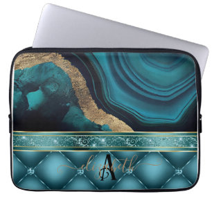Gouden Glitter Teal Agate Marmer Diamanten Laptop Sleeve