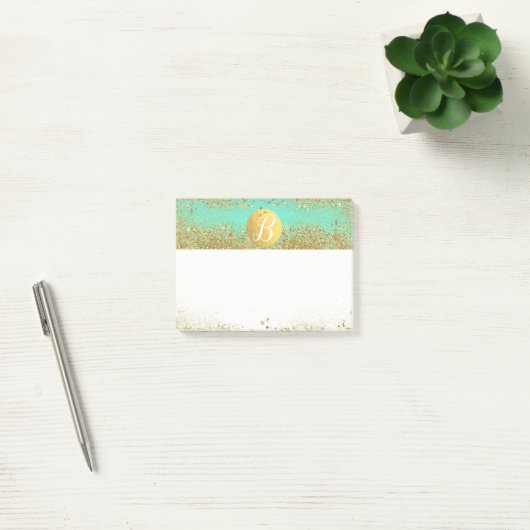 Gouden Glitter & Teal Aqua Glam Aangepaste Monogra Post-it® Notes (Kantoor)