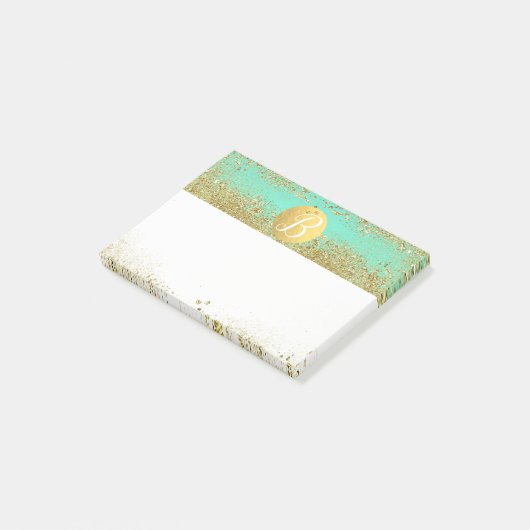 Gouden Glitter & Teal Aqua Glam Aangepaste Monogra Post-it® Notes (Schuin)