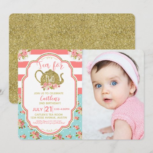 Gouden Glitter Thee Voor Twee Verjaardags Foto Kaart (Voorkant / Achterkant)