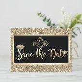 Gouden glitter, tiara afstudeerdata bewaren save the date (Staand voorkant)