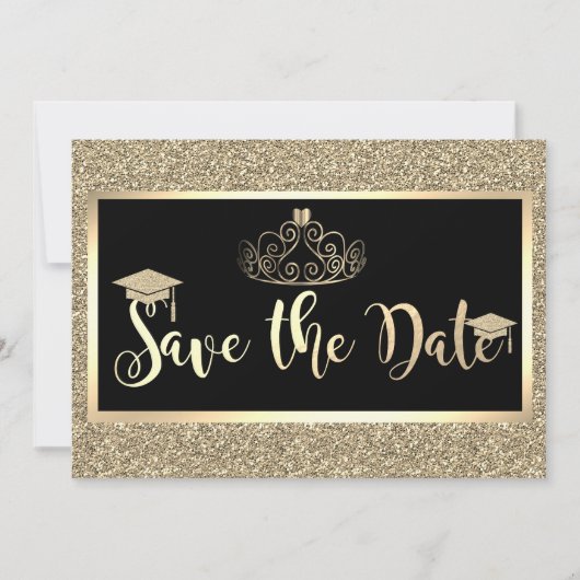 Gouden glitter, tiara afstudeerdata opslaan save the date (Voorkant)