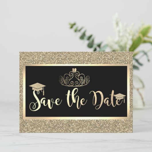 Gouden glitter, tiara afstudeerdata opslaan save the date (Staand voorkant)