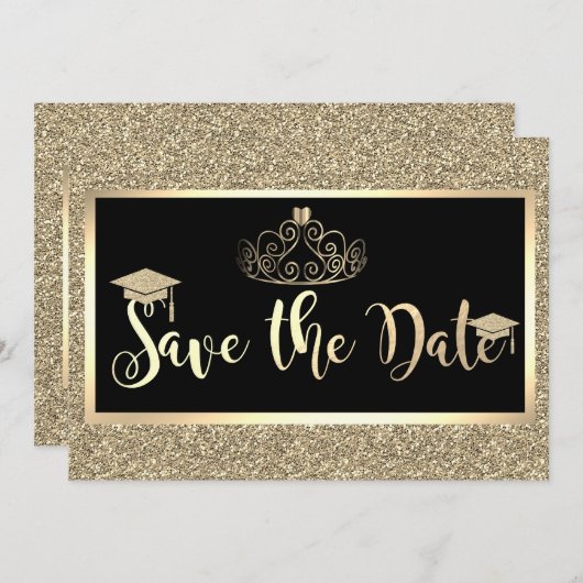 Gouden glitter, tiara afstudeerdata opslaan save the date (Voorkant / Achterkant)