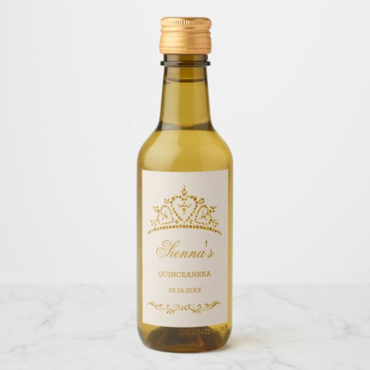 Gouden glitter tiara in een hartvorm Quinceanera Wijn Etiket (Voorkant)