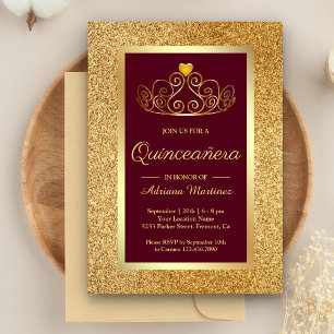 Gouden Glitter Tiara Prinses Burgundy Quinceanera Kaart