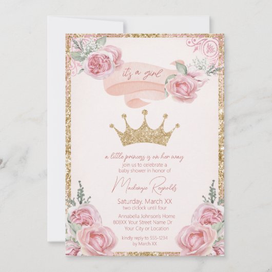Gouden Glitter Tiara Roze Prinses Baby shower Kaart (Voorkant)