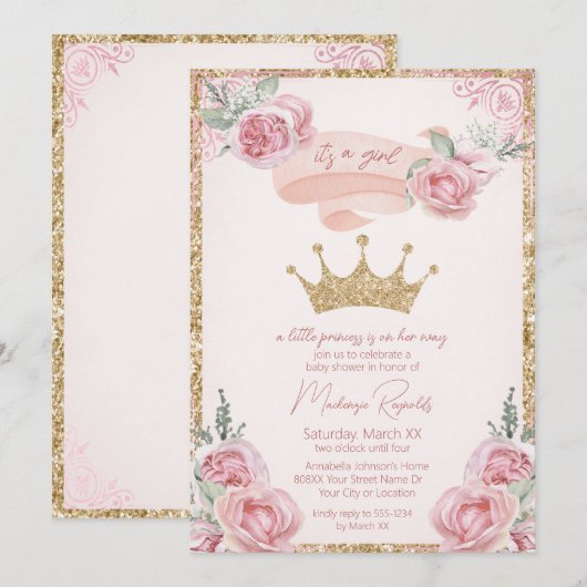 Gouden Glitter Tiara Roze Prinses Baby shower Kaart (Voorkant / Achterkant)