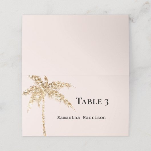 Gouden glitter tropische palmboom plaatskaartje (Buitenkant ongevouwen)