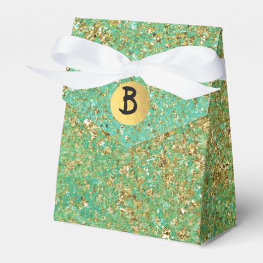 Gouden glitter & turquoise aqua glam-monogramfeest bedankdoosjes (Voorkant Zijde)