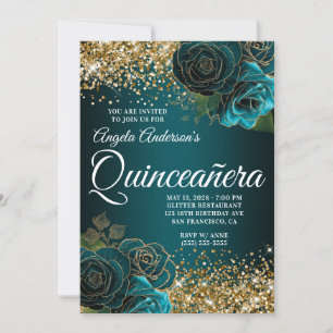 Gouden Glitter Turquoise Blauwe Bloemige Glam Quin Kaart