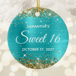 Gouden Glitter Turquoise Blauwe Folie Sweet 16 Keramisch Ornament