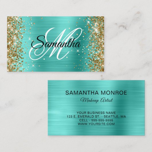 Gouden Glitter Turquoise Folie Fancy Monogram Visitekaartje (Voorkant / Achterkant)