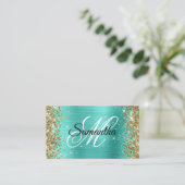 Gouden Glitter Turquoise Folie Fancy Monogram Visitekaartje (Staand voorkant)