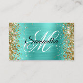 Gouden Glitter Turquoise Folie Fancy Monogram Visitekaartje (Voorkant)