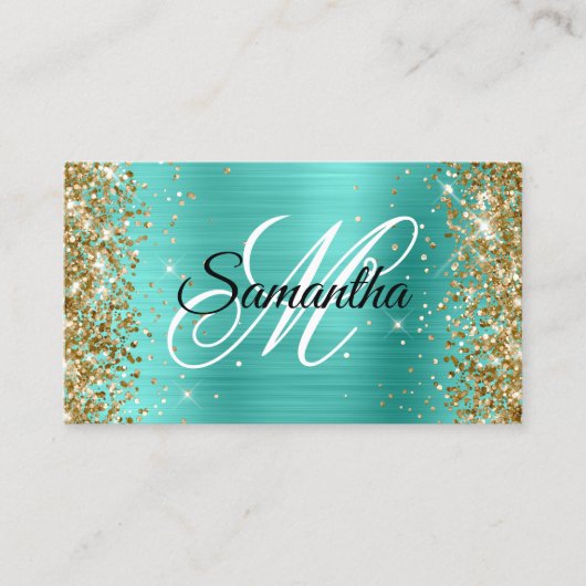 Gouden Glitter Turquoise Folie Fancy Monogram Visitekaartje (Voorkant)