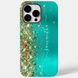 Gouden Glitter Turquoise Glam Moderne Meisjesachti iPhone 14 Pro Max Hoesje