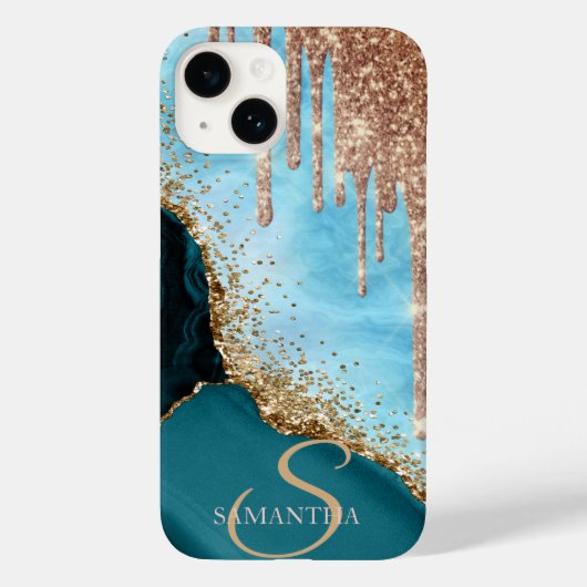 Gouden Glitter Turquoise Marmer Glitter Drips Case-Mate iPhone Case (Achterkant)