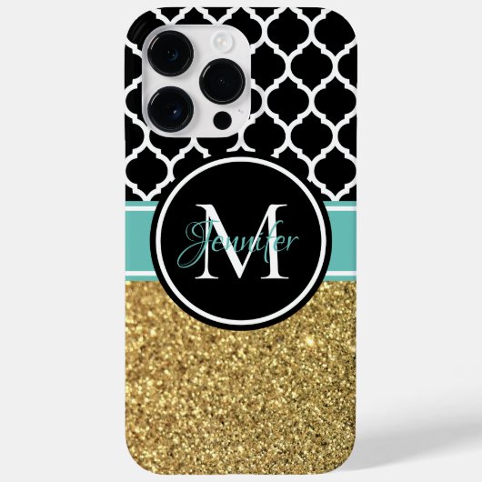 Gouden Glitter Turquoise Zwart Wit Trellis Monogra Case-Mate iPhone Case (Achterkant)