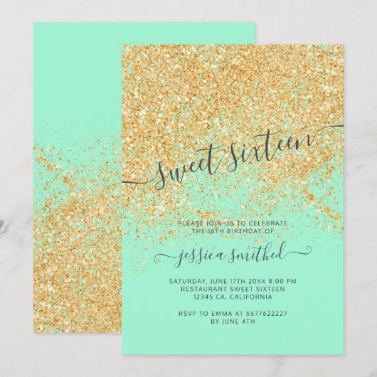 Gouden glitter typografie mint groen Sweet 16 Kaart (Voorkant / Achterkant)