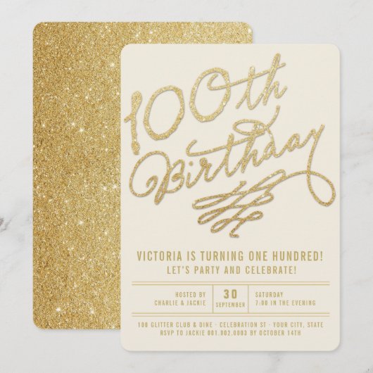 Gouden Glitter Uitnodiging 100e Verjaardagsfeestje (Voorkant / Achterkant)