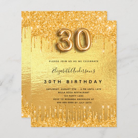 gouden glitter-uitnodiging voor het feest op 30ste (Voorkant / Achterkant)