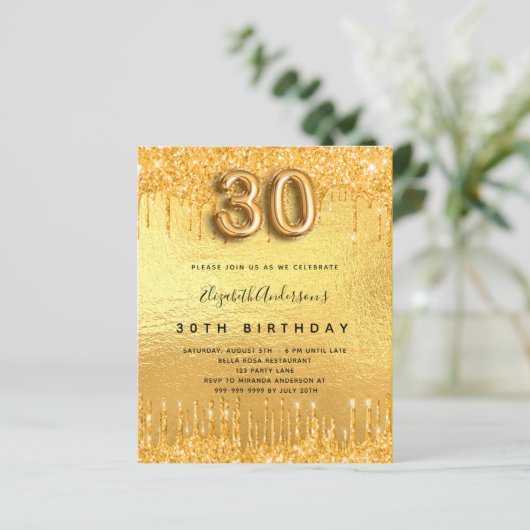 gouden glitter-uitnodiging voor het feest op 30ste (Staand voorkant)