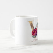 Gouden Glitter V Monogram Bloemen Bourgogne Rood Koffiemok (Voorkant links)