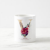Gouden Glitter V Monogram Bloemen Bourgogne Rood Koffiemok (Center)