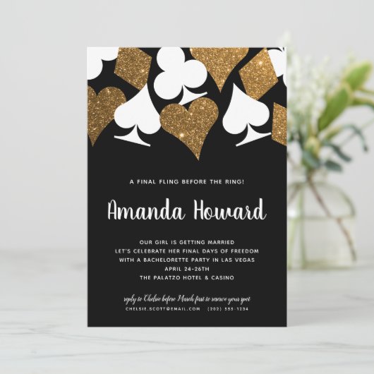 Gouden Glitter Vegas Thema Bachelorette Party Uitn Kaart (Staand voorkant)