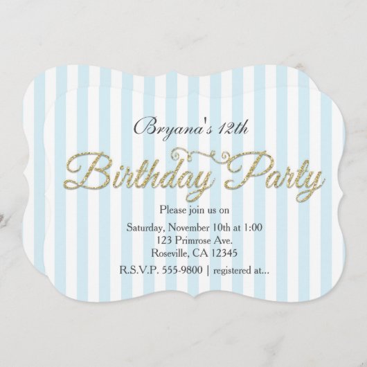 Gouden Glitter VERJAARDAG FEEST Blauwe uitnodiging (Voorkant / Achterkant)