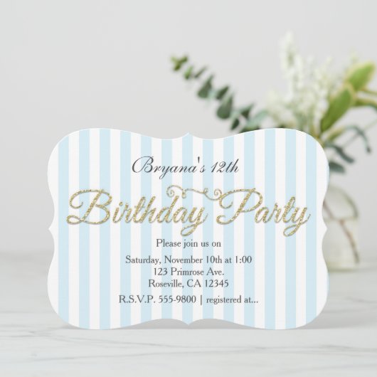 Gouden Glitter VERJAARDAG FEEST Blauwe uitnodiging (Staand voorkant)
