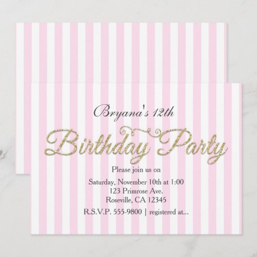 Gouden Glitter VERJAARDAG FEEST Roze uitnodigingen (Voorkant / Achterkant)