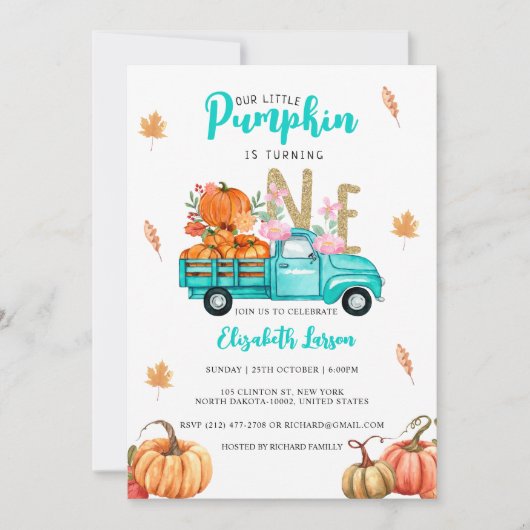 Gouden Glitter Verjaardag Pompoen Blauwe Vrachtwag Kaart (Voorkant)