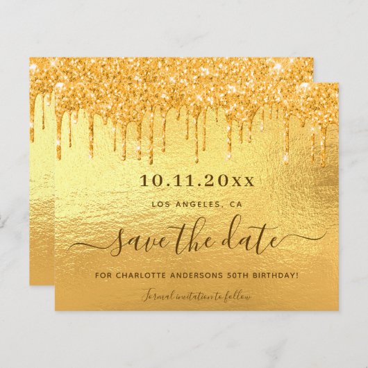 Gouden glitter verjaardag save the date kaart (Voorkant / Achterkant)