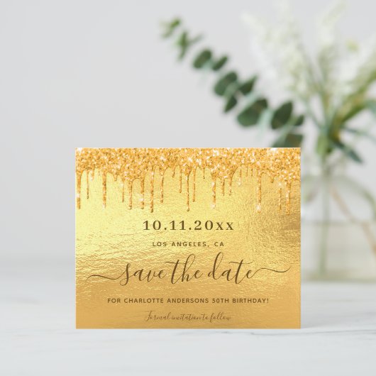 Gouden glitter verjaardag save the date kaart (Staand voorkant)