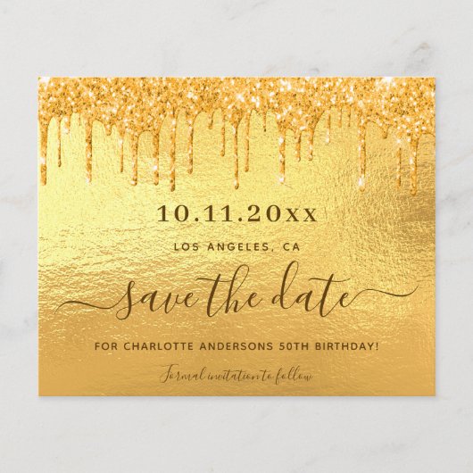 Gouden glitter verjaardag save the date kaart (Voorkant)