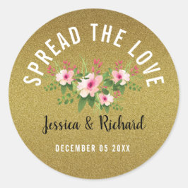 Gouden Glitter Verspreid de Liefde Bloemen Bruilof Ronde Sticker
