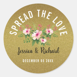 Gouden Glitter Verspreid de Liefde Bloemen Bruilof Ronde Sticker