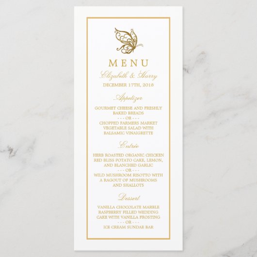 gouden glitter vlinder bruiloft menu (Voorkant)